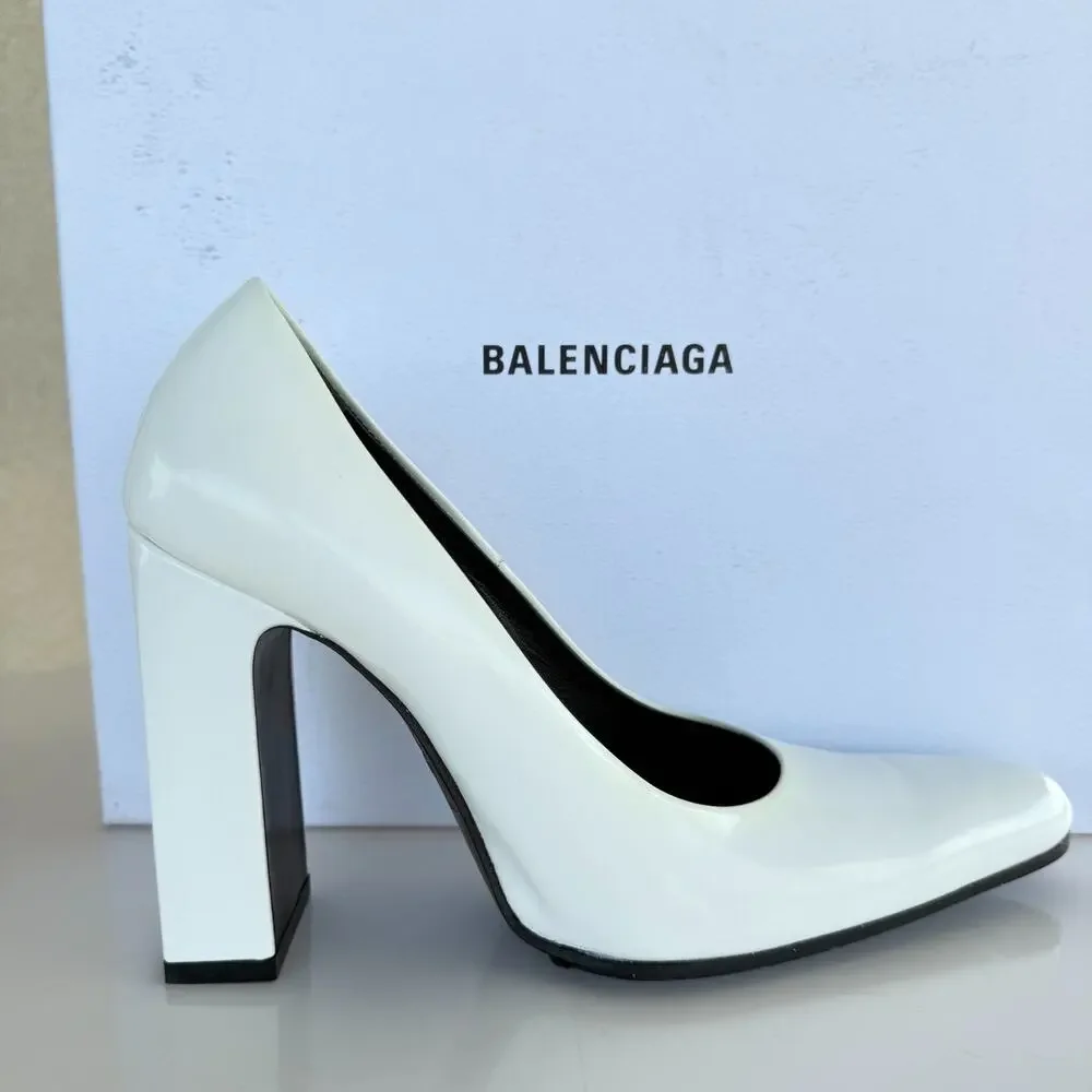 NIB Balenciaga Round 110 White Shiny Patent Leather High Heel Pumps Size 35.5